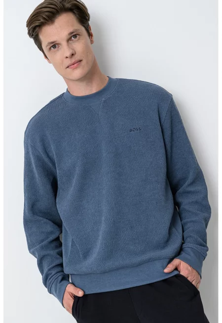 Суитшърт с памук с овално деколте - Тъмносин