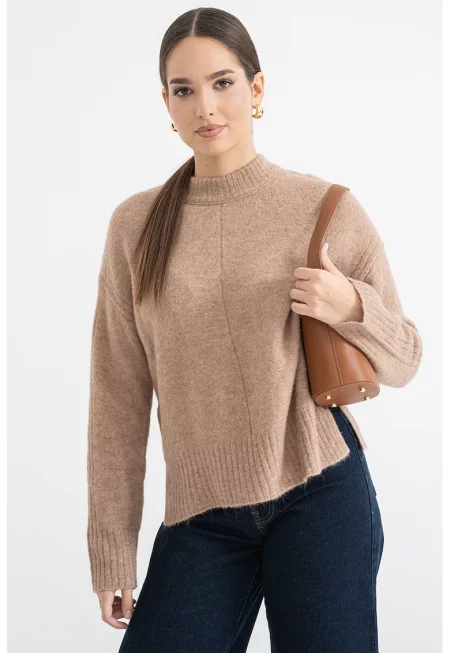 Свободен пуловер с вълна с паднали ръкави - Светлокафяв