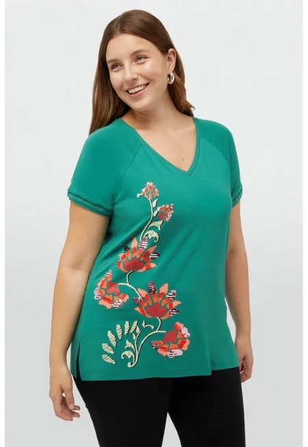 Тениска с шпиц и принт - Зелен