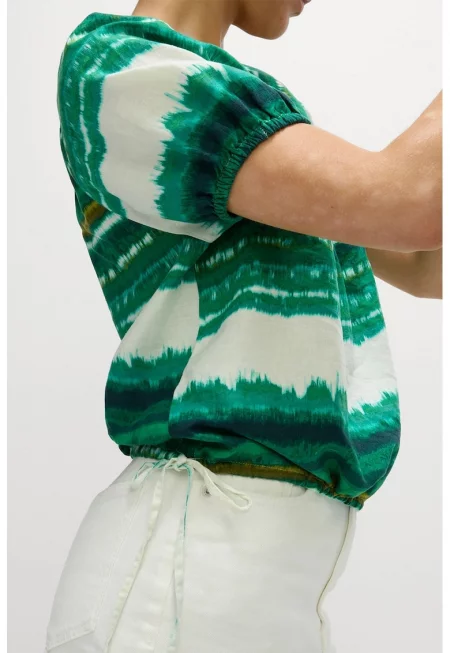 Топ с лен с реглан ръкави - Бял/Зелен