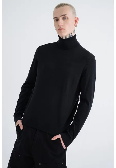 Вълен пуловер тип поло - Черен