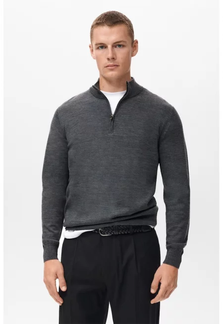 Вълнен пуловер с къс цип