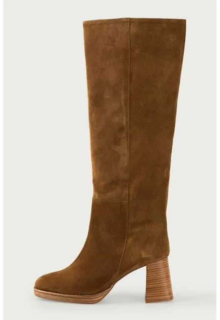 Велурени ботуши до глезена с масивен ток - Карамел