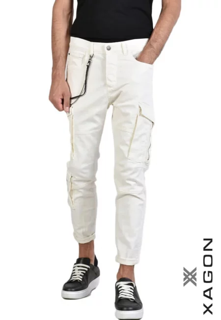 -Втален панталон - страничен цип и джобове - Бял