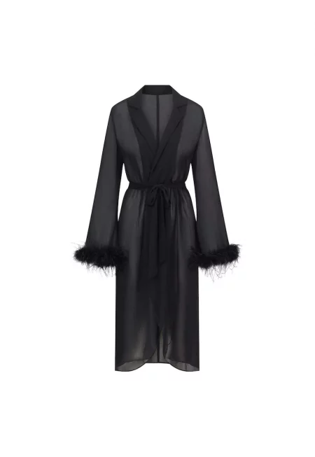 Застъпена рокля с щраусови пера - Черен -