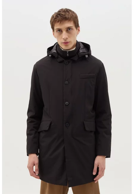 Зимно яке с качулка и джобове с капаче - Черен
