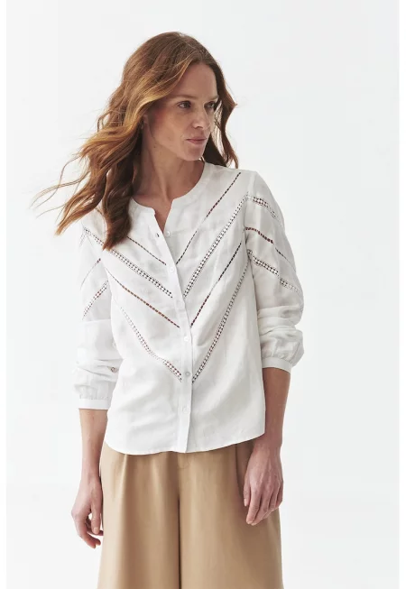 Ажурена риза с лен - Бял/Канелено кафяво