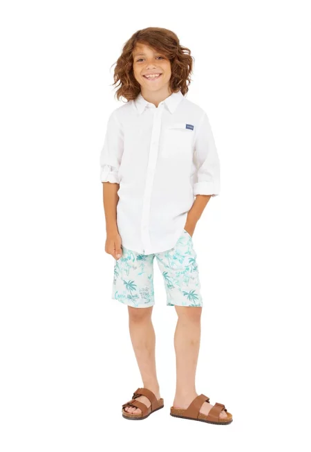 Бермуди с лен и принт - Бял/Тюркоаз