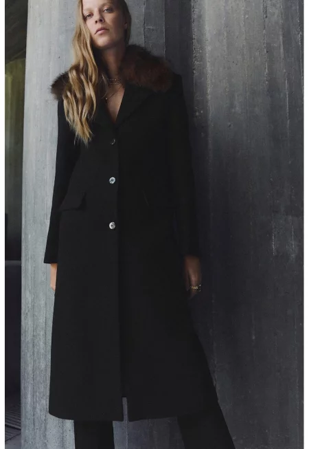 Дълъг тренч с вълна с еко пух - Черен