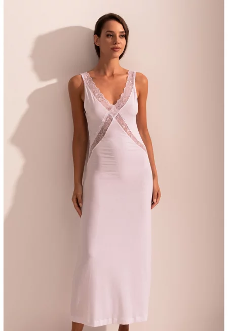 Дълга нощница Alma с модал и дантела - Бял