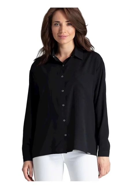 Дамска риза - Ленитиф - черна - дълъг ръкав - джоб - еластан - полиестер - вискоза
