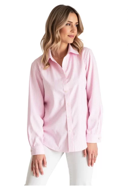 Дамска риза  на райета - розова - полиестер и еластан - S/M