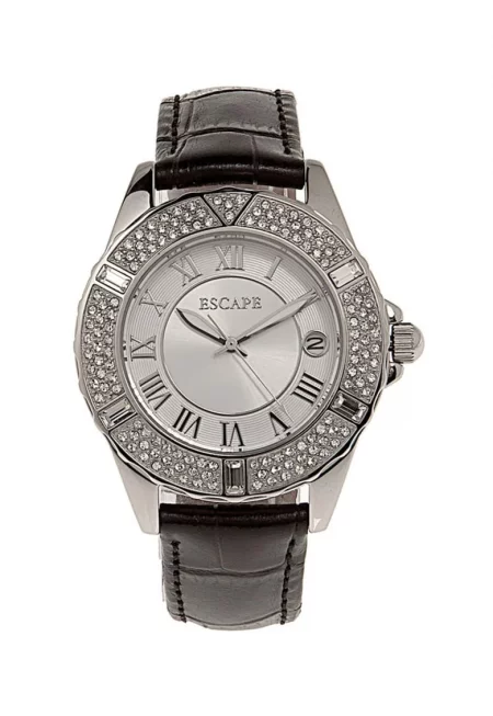 Дамски часовник  черна каишка от екологична кожа - сребрист стоманен корпус - 34мм - водоустойчивост 5 ATM