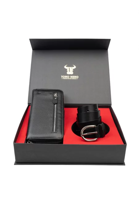 Дамски комплект портфейл и колан - естествена кожа - черен - Arya-Middle