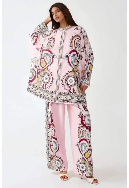 Дамски костюм -  висока талия - розов - текстил