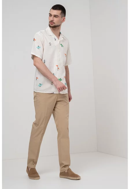 Десенирана риза с лен и памук - Червен/Зелен/Мръснобял