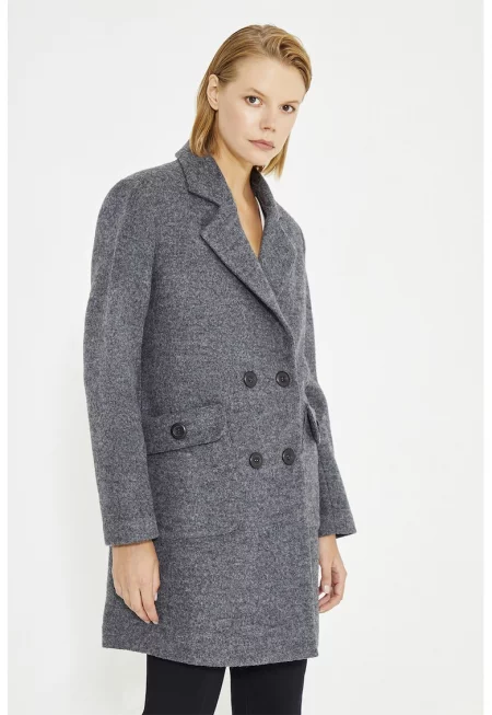 Двуредно палто с вълна - Меланж тъмно сиво