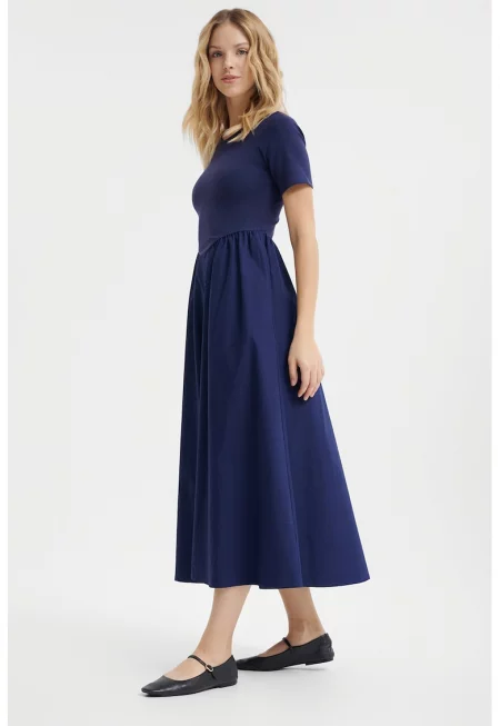 Едноцветна миди рокля с къси ръкави - Ултрамарин синьо