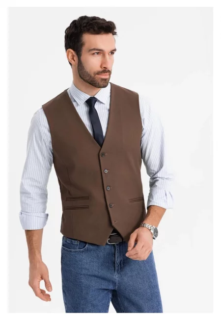 Елек за костюм с класически детайли и подплата  OM-BLZV-0142 - Кафяв