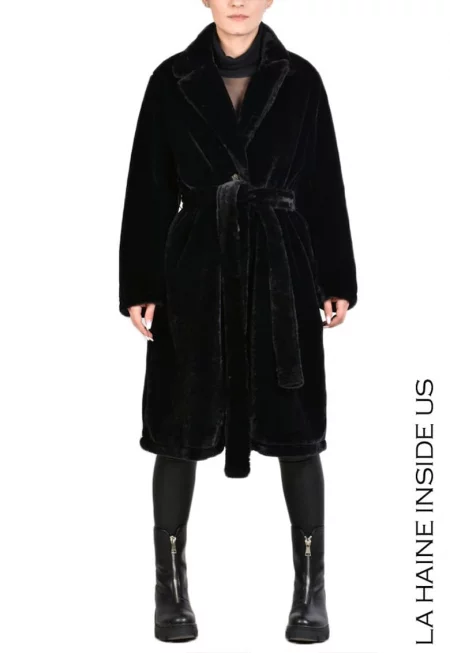 Изкуствена кожена палто с колан и метални копчета - Черен