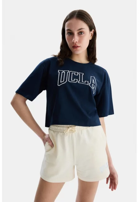 Къса памучна тениска Helena - Тъмносин