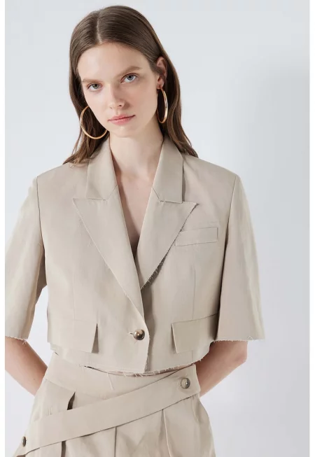 Късо сако с лен - без подгъв - Бежов