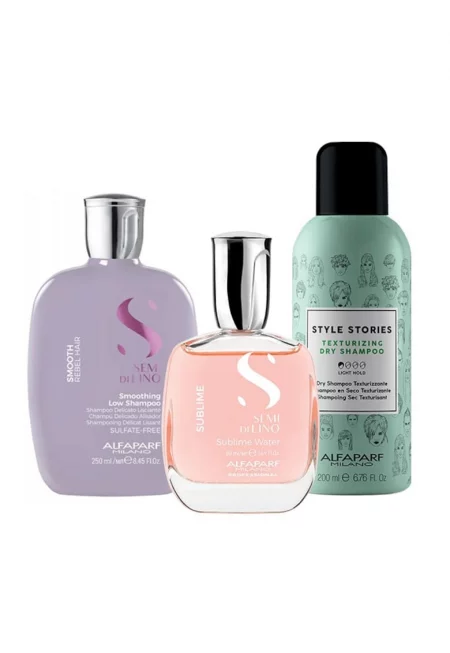 Комплект за изглаждане  Milano Semi Di Lino Shampoo - 250 мл - сух шампоан Style Stories 200 мл и парфюмирана вода за коса и тяло Sublime Water 50 мл