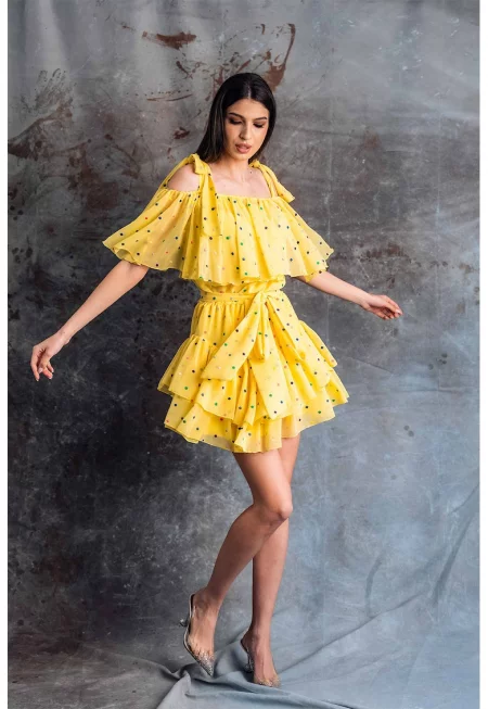 Копринена рокля Vale на волани - Жълт