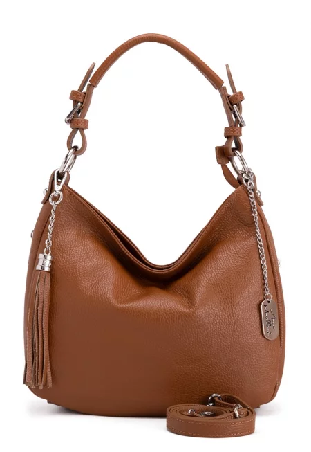 Кожена чанта Хобо Fiorella с джобове с цип - Канелено кафяво