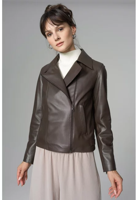 Кожено яке с двойни ревери - Тъмнокафяв