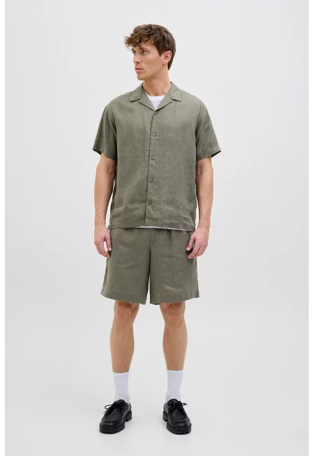 Ленен къс панталон с еластична талия - Папратово зелено