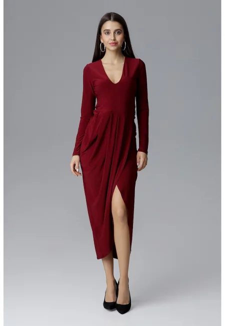 Макси рокля  M636 - V-образно деколте - червена - полиестер -