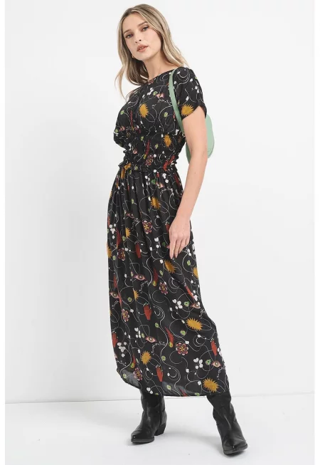 Миди рокля с модал - Черен/Тъмночервен/Мръснобял