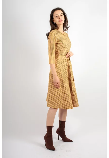 Миди рокля Victoria на каре - Кафяв/Тъмножълт