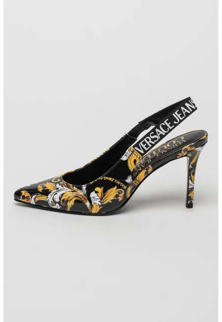 Обувки от еко кожа с ток стилето и отворена пета - Златист/Черен