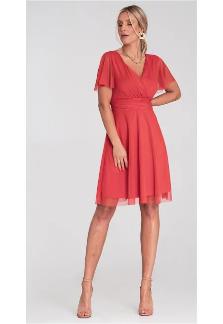 Оранжева рокля  тюл - деколте тип „плик“ - къси ръкави - разкроена - вталена на талията - размер SM