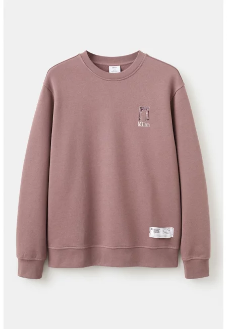 Памучен суитшърт с овално деколте - Прашно розово