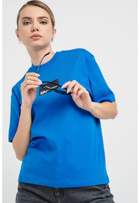 Памучна тениска с лого - Избеляло черно/Кралско Синьо/Бял