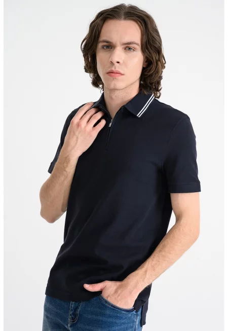 Памучна тениска с яка и къс цип - Бял/Ултрамарин синьо