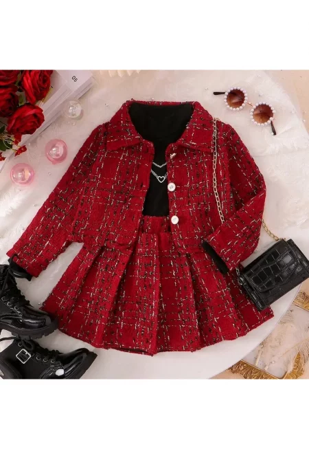 Плетен комплект 2 части сако и пола червен за момичета