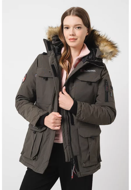 Подплатено зимно яке Baliverne с качулка и джобове - Червен/Бял/Tъмносив