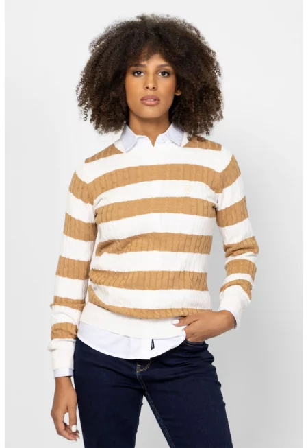 Пуловер с плетка осморка - Бежов/Бял