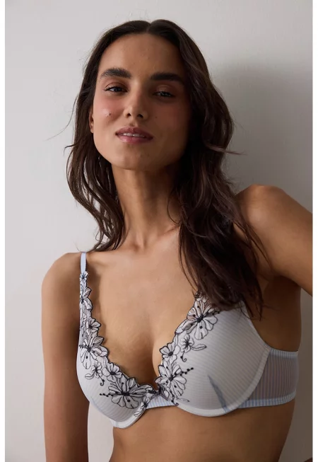 Раиран сутиен с флорални бродерии - Бледо синьо