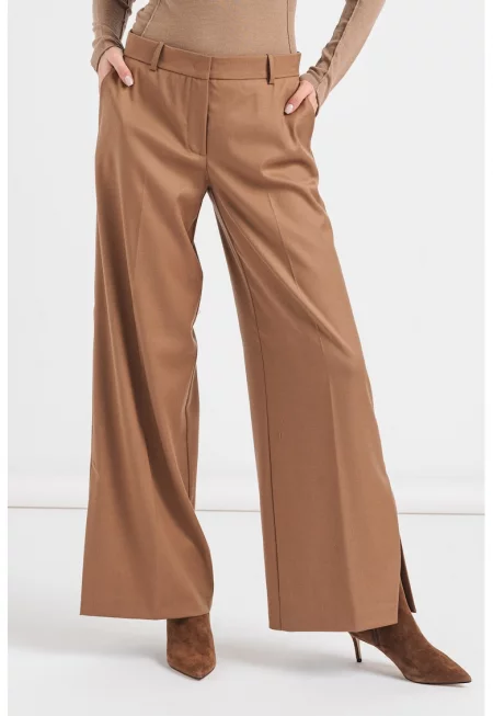 Разкроен панталон с вълна с цепка на подгъва - Карамел
