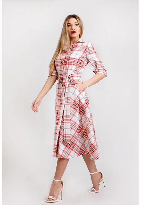 Разкроена рокля-риза с колан - Червен/Бял/Черен