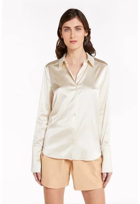 Риза с нормална кройка - изработена от сатенена вискоза - с дълъг ръкав - Крем