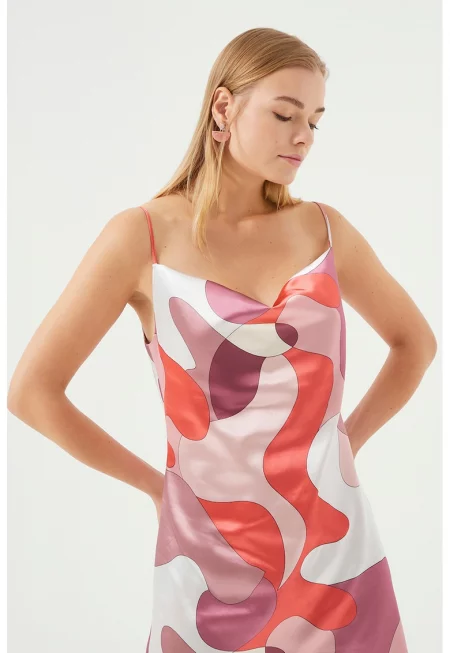 Рокля с абстрактен принт - Оранжев/Светлорозов/Мръснобял