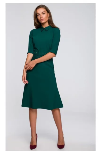 Рокля с яка и колан  Полиестер - Зелен