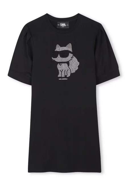 Рокля-тениска с овално деколте и декоративни камъни - Черен