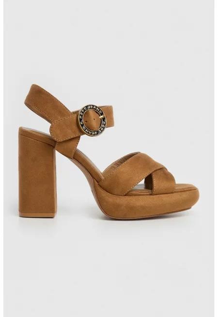 Сандали от еко велур с масивен ток - Карамел